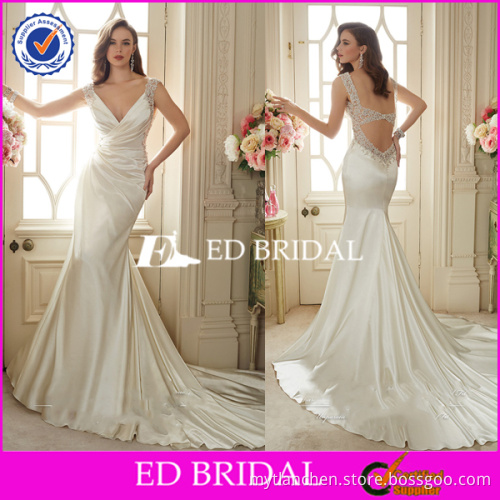 2016 Latest Design V Neckline Sleeveless Open Back Satin Mermaid Wedding Dress
